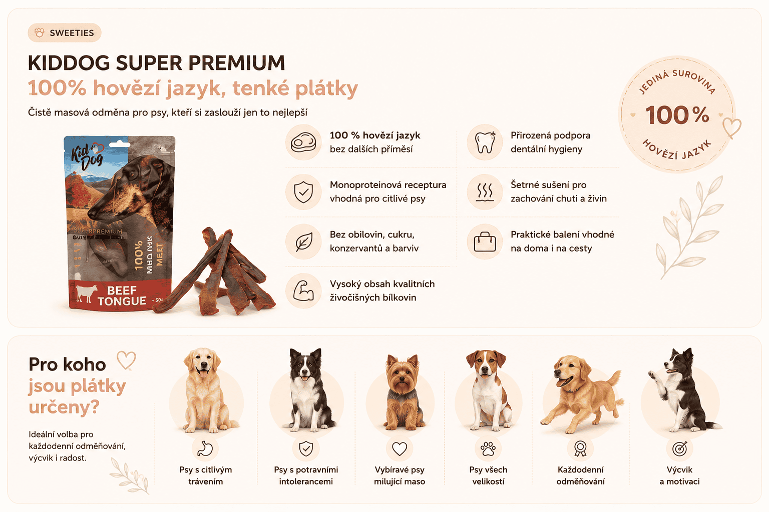 Kiddog Hovězí jazyk, tenké plátky - benefity pamlsku